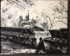 Tony Farrenkopf Oil, 1992 Notre Dame et bouquinistes, displayed in 1992 Wash. DC juried exhibition of psychologist art.