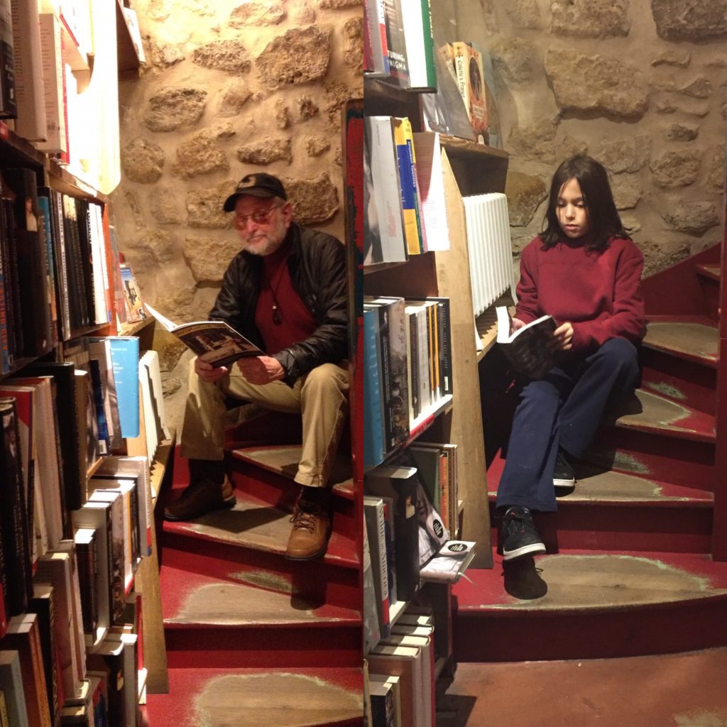 Paris Beat author Tony Farrenkopf revisiting Shakespeare & Company stairwell, and grandson Kellen following his footsteps on a separate trip. Cultural evolution marches on.