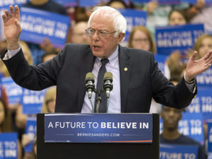 Democratic presidential candidate Sen. Bernie Sanders, I-Vt., speaks during a campaign rally at Penn State University, Tuesday, April 19, 2016 in State College, Pa. (AP Photo/Mary Altaffer)